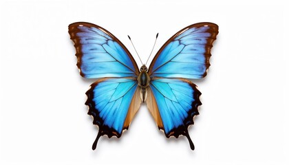 Obraz premium blue morpho butterfly with iridescent blue wings on white background, detailed close-up of Morpho menelaus, nature and wildlife concept