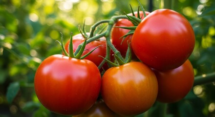 Ripe Red Tomatoes on the Vine in Summer Garden - Juicy red tomatoes hanging on a vine, summer harvest, garden freshness, healthy food, vibrant colors. Represents abundance, growth