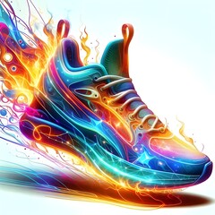 Futuristic Flair: Vivid, Fiery Shoe Design on a Clean White Background