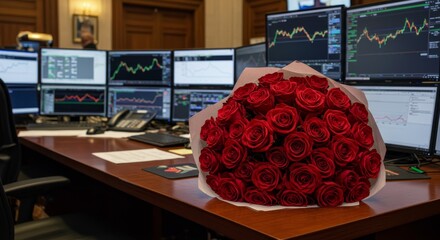 Roses on the Trading Desk - A bouquet of red roses sits on a market trading desk, symbolizing love, finance, romance, success, and Valentine's Day