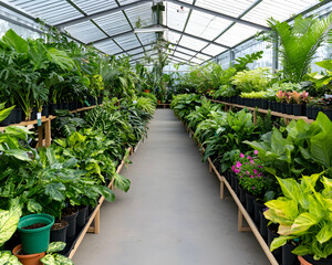 Lush greenhouse filled with various potted plants