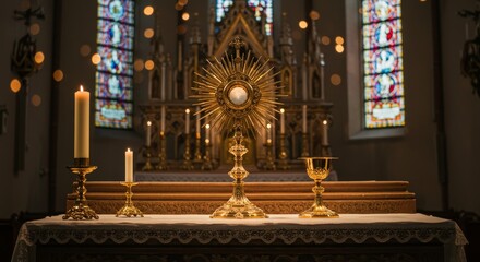Obraz premium Sacred Altar Illumination: Church Candles and Monstrance - Divine worship, faith, spirituality, Eucharist, holy communion. A serene and elegant scene symbolizing reverence and devotion