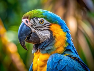 Fototapeta premium Vibrant Blue-and-Yellow Macaw Closeup: Panoramic Exotic Bird Portrait