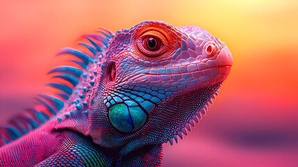 Obraz premium Radiant Reptile: A vibrant iguana showcases dazzling hues against a backdrop of a sunset sky, showcasing a captivating combination of nature's beauty.