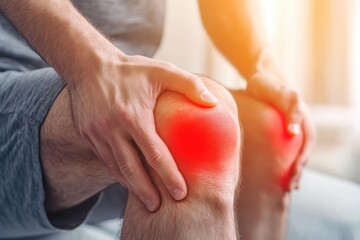 Man experiencing discomfort while touching his knee with visible red highlights for emphasis