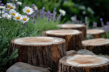 Wooden tree stump stepping stones form a rustic path in a lush garden filled with white daisies and lavender plants, inviting exploration