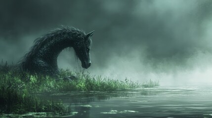 Obraz premium Mystical kelpie emerging from misty lake at dawn
