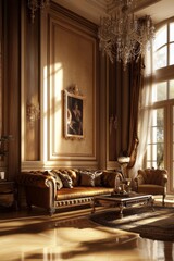 Luxurious, sunlit living room with ornate details