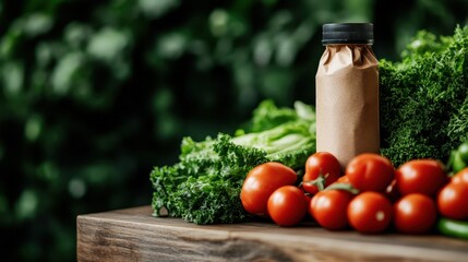 A beautiful arrangement of fresh tomatoes and greens paired with a brown bottle creates a rustic dining scene, highlighting simplicity and the beauty of fresh produce.