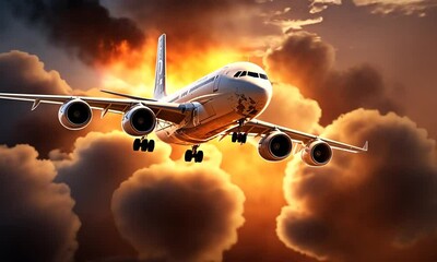 A powerful commercial airplane taking off against a fiery orange sky, capturing the thrill of aviation. Concept of travel and adventure