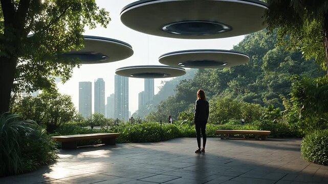 A woman gazes at futuristic hovering structures in a lush urban park with skyscrapers behind