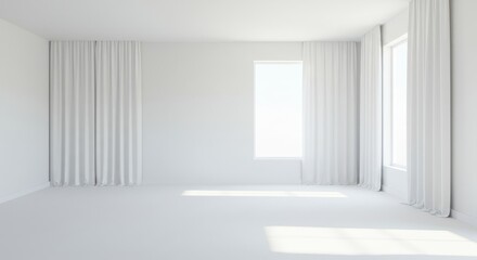 Fototapeta premium Spacious White Room with Sunlight and Curtains - Clean, minimalist, bright, airy, serene space. Symbolizing purity, simplicity, new beginnings, potential, peace