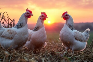 Fototapeta premium Free range broiler chickens enjoying the sunset in a tranquil farm setting