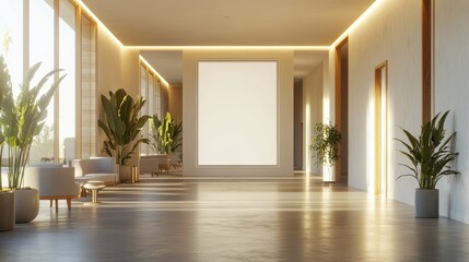 Fototapeta premium Modern minimalist lobby with large window and indoor plants