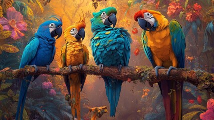 Obraz premium A decorative parrot and a multitude of colorful birds are the centerpiece of this flourishing garden