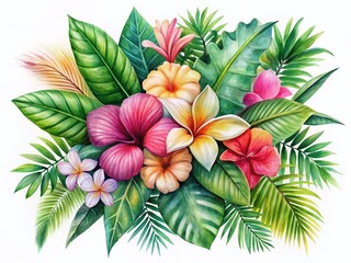 Vibrant Tropical Watercolor Flowers & Leaves, Low-Light Botanical Illustration