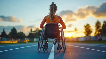Female athlete in wheelchair on outdoor track at sunset