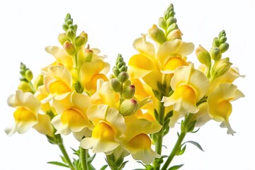 Obraz premium Vibrant Yellow Snapdragon Flowers Isolated on White Background - High-Resolution Stock Photo