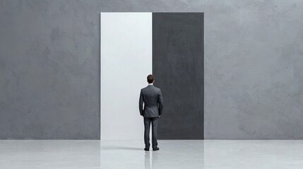 Obraz premium A focused businessman stands before contrasting white and black walls, symbolizing choices and duality in life.
