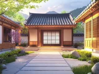 An elegant traditional asian style building and garden scene