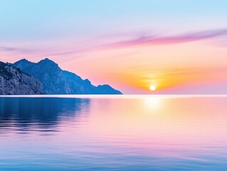 Naklejka premium Serene Sunset Over Tranquil Waters with Mountain Silhouettes in Background