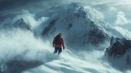 Adventurer in red jacket hiking snowy mountain amidst stormy skies