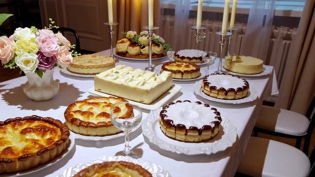 Festive Shavuot Table with Traditional Dairy Dishes, Cheesecakes, Candles, and Elegant Decorations for Celebration