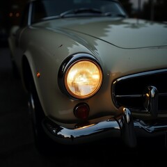 Fototapeta premium Classic Car Halogen Headlight Close-Up: Vintage Chrome Details & Timeless Character