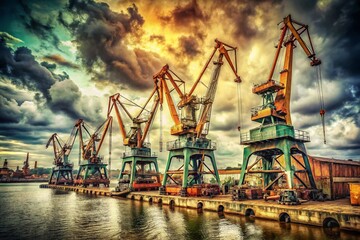 Obraz premium Vintage Gdynia Harbor Cranes: Cloudy Day in Poland