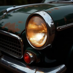 Classic Car Halogen Headlight Close-Up: Vintage Chrome Details & Timeless Character