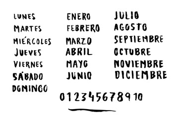 Palabras escritas a mano con pincel. Meses del año, días de la semana y números. Escrito en mayúsculas  en castellano