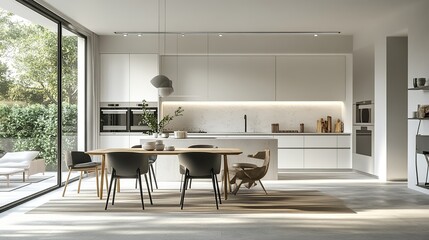 Contemporary home interior design features a modern kitchen, dining room, featuring luxurious furniture, wood accents, and light from glass windows