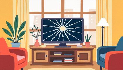 Artistic broken screen prank in cozy living room, April Fool’s Day