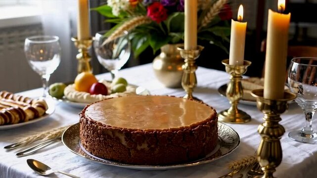 Rustic Shavuot Table with Traditional Cheesecake, Golden Candlelight, and Elegant Holiday Decorations for Celebration