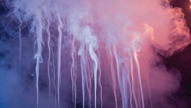 Delicate streams of white and pink smoke cascade downward, blending into a dreamy, abstract composition. The soft gradients, fluid motion, and ethereal textures create a mesmerizing visual effect.