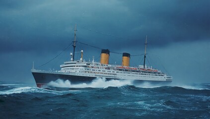 Historic ocean liner sailing through rough seas under a stormy sky, with towering waves crashing against its hull, showcasing maritime adventure, nautical travel at the open ocean in turbulent waters.