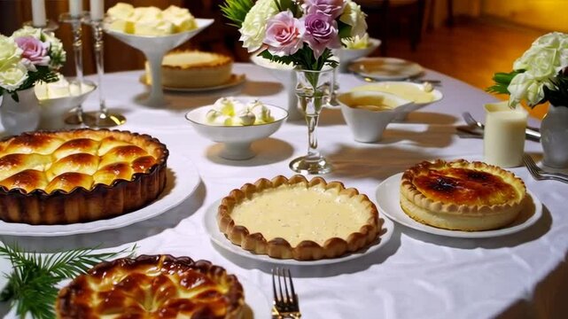 Traditional Shavuot dairy feast with cheesecakes, pastries, and elegant candlelit holiday celebration