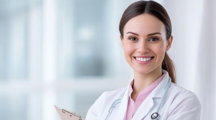 healthcare professionals, a nurse, smiling and holding a clipboard in a hospital corridor, represents care and professionalism on international nurses day