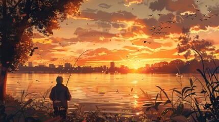 Fototapeta premium Solitary Fisherman at Sunset