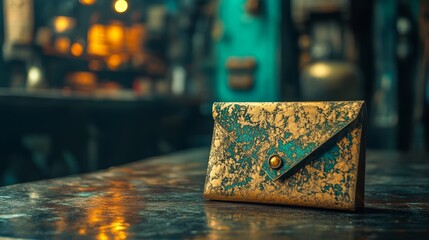A close-up shot features a blank envelope positioned on a golden background, complemented by the gentle blur of bokeh lights