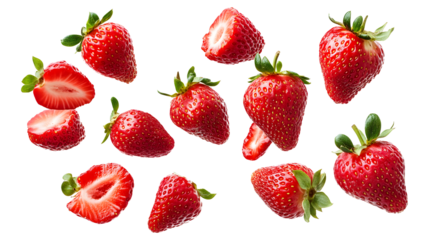 A bunch of strawberries are shown in various stages of ripeness, with some already cut open. Concept of abundance and freshness, as well as the idea of enjoying the natural sweetness of the fruit