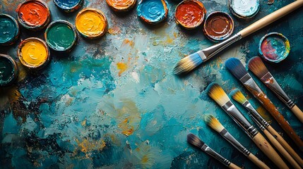 Artistic arrangement of diverse paints, brushes, and canvases highlighting creativity in a bright and inspiring workspace
