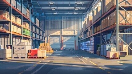 Industrial Warehouse Interior with Sunlight Streaming In