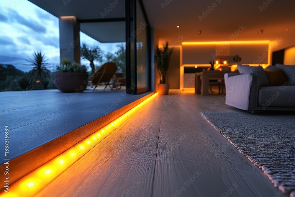 Poster elegant living space with smooth matte background and built-in led light creating a cozy atmosphere