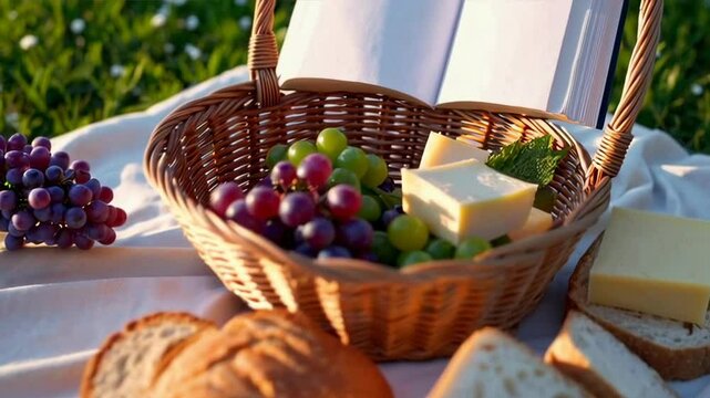 Shavuot holiday picnic with fresh bread, cheese, grapes, and wicker basket on white cloth