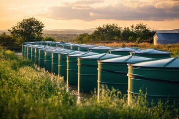 Rainwater collection tanks lined up on a farm during sunset in a rural area