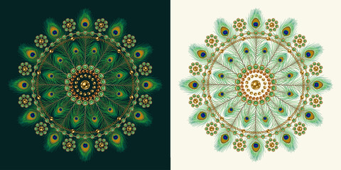 Jewelry deluxe circular motif like mandala with peacock feathers. Ornament made of gold jewelry chains, green gems, rhinestones, ball beads in vintage style