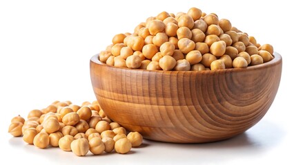 Wooden Bowl Overflowing with Chickpeas on White Background