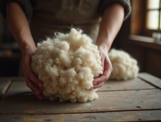 A rustic scene of an Asian woman’s hands holding a clump of freshly shorn wool over a weathered wooden table.