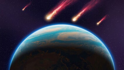 Three glowing meteors streak through space toward Earth, leaving bright fiery trails. This cosmic scene illustrates the power of celestial events, symbolizing impact, danger, astronomical phenomena.